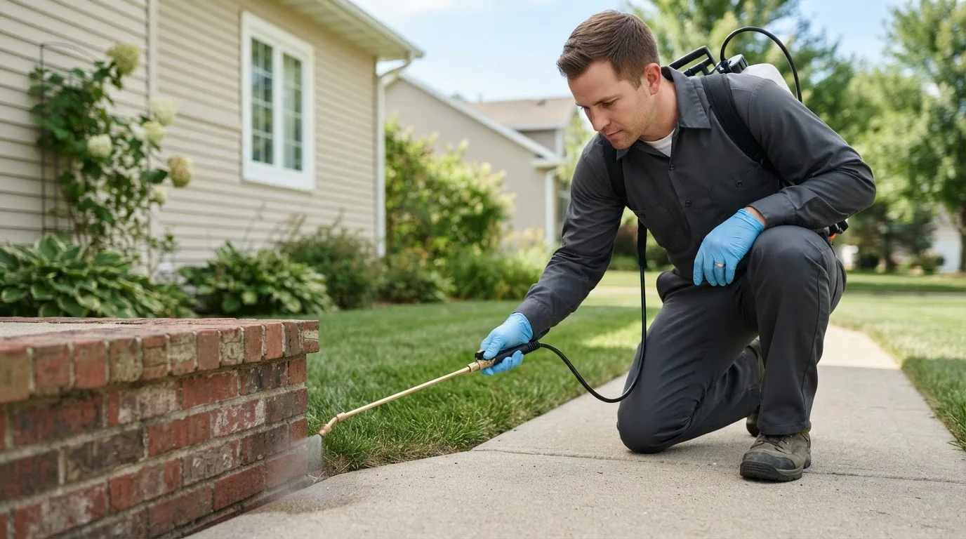 Pest control technician treating a home near Abbotsford, WI